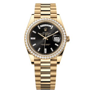 【Super Clone】RLX Day-Date 40mm Black Diamond Dial and Diamond Bezel Yellow Gold President Bracelet 228348RBR-0001