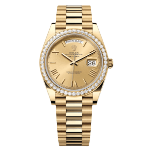 【Super Clone】RLX Day-Date 40mm Champagne Dial and Diamond Bezel Yellow Gold President Bracelet 228348RBR-0003
