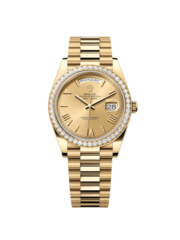【Super Clone】RLX Day-Date 40mm Champagne Dial and Diamond Bezel Yellow Gold President Bracelet 228348RBR-0003