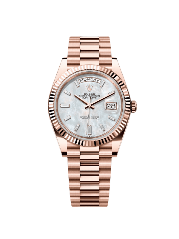 【Super Clone】RLX Day-Date "President" 40mm Everose Gold Mother of Pearl Diamond Baguette Dial - 228235