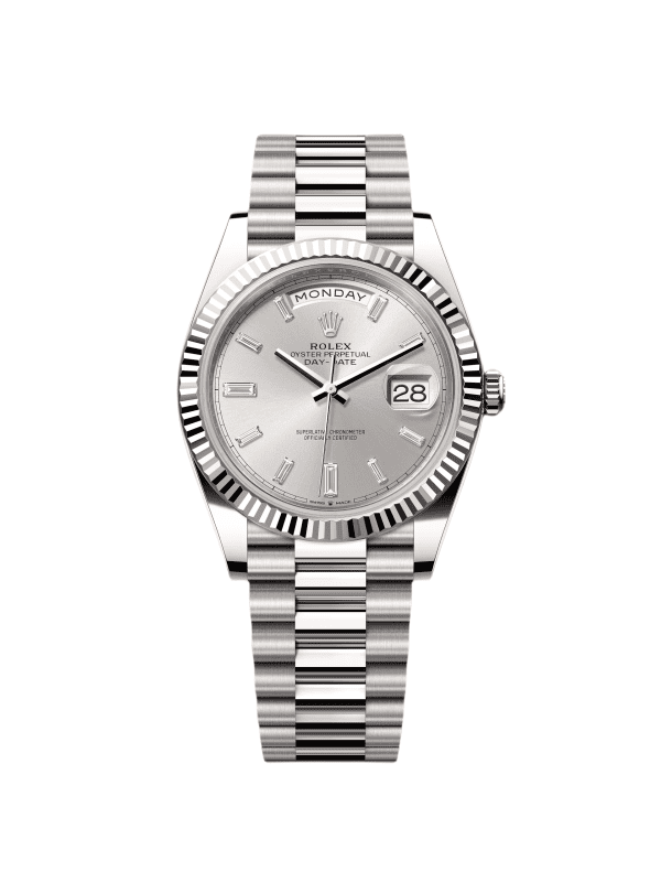 【Super Clone】RLX Day-Date "President" 40mm White Gold Silver Diamond Baguette Dial - 228239